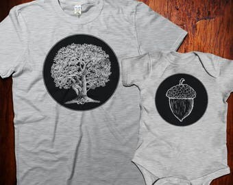 Oak tree and acorn tshirt set, father daughter, father son matching tshirts, dad and baby matching shirts, Mommy and Me Shirts, New Dad Gift