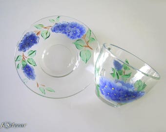 Tea Cup and Saucer of Glass Hand Painted Tea Cup Set Lilac Colourful Glassware Gift Idea