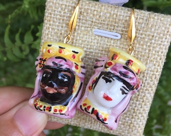 Heads of the Moor, ceramic, handmade earrings earrings, earrings from Sicily, Sicilian ceramics, handmade ceramic heads del moro, earrings