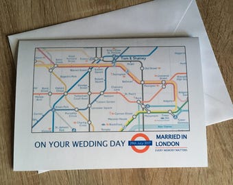 Personalised wedding card. Themed card. London tube. London Transport wedding theme. Underground tube card. Unique card. London theme.