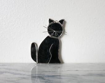 Vintage Handmade Black Cat Suncatcher, Cat Lover Gift, Witchy, Witchy Gift, Glass Ornament, Suncatchers, Stained Glass Panel, Oddities