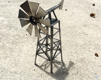 Metal Windmill set in a Wood Base Home Decor Table