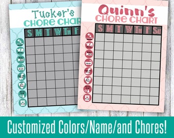 Chore chart for young kids weekly or daily cute chores to laminate and use over and over or print as a digital file pink teal blue purple