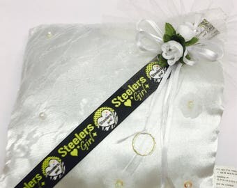 Steelers ring bearer pillow, wedding pillow, Steelers Girl ring bearer pillow, sports ring bearer pillow, satin ring bearer pillow, football