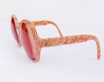 Vintage Sunglasses YSL Rose Colored Lenses Peach Marbled Sunnies | 1970's rare oversized glasses Yves Saint Laurent 70's
