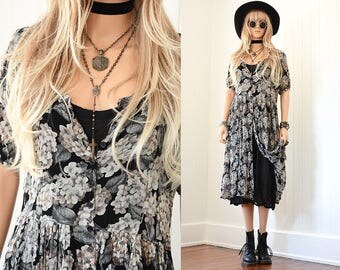 Black Floral Dress 90s Grunge Dress Floral Maxi Dress Boho Dress 90s Dress Floral Dress Vintage 90s Clothing Vintage Floral Bohemian Dress M