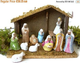 SALE Vintage Nativity Scene Set of 11 Ceramic Handmade Figurines Old Stable Christmas Nativity Figures Collectible Religious Christmas Deco