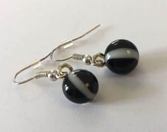 Black and white fused glass stud earrings modern opaque black