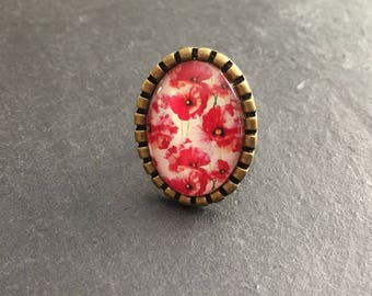 HANDMADE glass CABOCHON oval on the METAL color BRONZE COQUELICOTS@lucothe flower ring