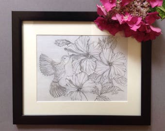 Original Hummingbird and Hibiscus drawing in graphite pencil.