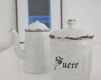 Beautiful French Enamel Coffee Pot and Sugar Jar