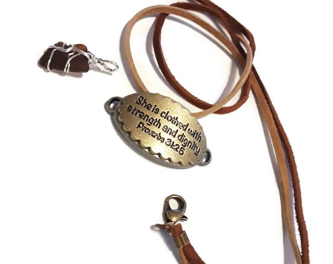 Strappy bracelet Proverbs 31:25 Medallion Brown beach glass charm with tan and brown leather laces and lobster claw closures