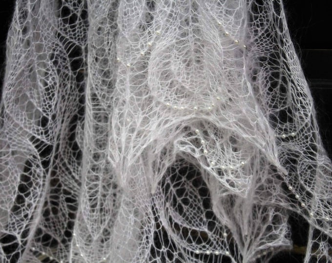 Wedding shawl with beaded, wedding wrap, shawl white, shawl mohair, hand knit shawl, crochet shawl, lace shawl, knit scarf, bridal shawl