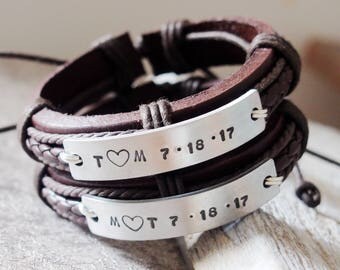 Personalized anniversary bracelets for couples bracelets his and hers, Handstamped bracelets, couples jewelry set, mens leather bracelets