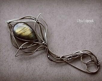 Nickel silver brooch Brooch pin Labradorite gemstone Brooch for sweater Scarf pin Nature brooch Shawl pin Brooch fibula Brooch flower