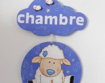 Plate de porte - déco children 's room - deco small animals "sheep" - blue lavender