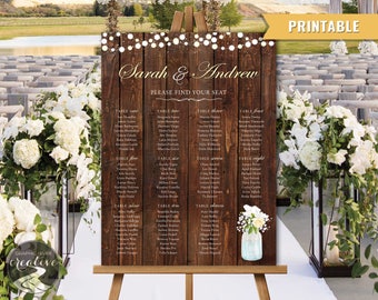 PRINTABLE Personalized Barnboard Mason Jar Rustic Wedding SEATING CHART Seating Plan Poster Sign Wood Lights Mason Jar Flowers, Digital File