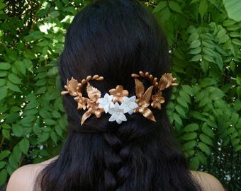 Played Golden bride, with cold porcelain flowers, modelled by hand, touched boho