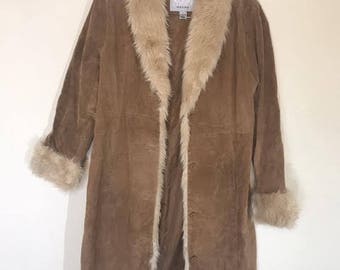 Vintage Boho Leather Suede Trench Petti Coat with Faux Fur Trimming