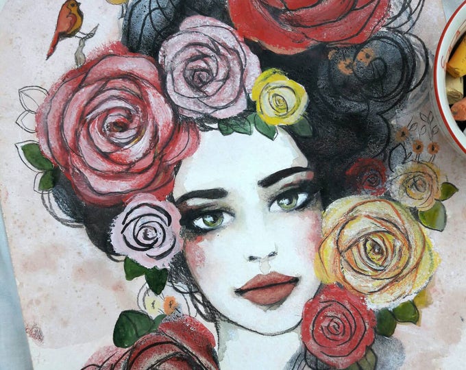 Tea Lady ORIGINAL painting by Tatiana Boiko watercolor art, wall hanging, wall art, tea, lemon painting, girl painting, flowers, Russian art