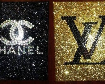 Inspired Chanel And Louis Vuitton hand laid Rhinestone Canvas Wall Art Handmade!