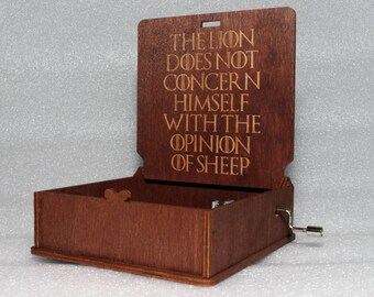 The Lion Does Not Concern Himself With The Opinion Of Sheep - Engraved Wooden Music Box - "Game Of Thrones"- Lannister - Hand Crank Movement
