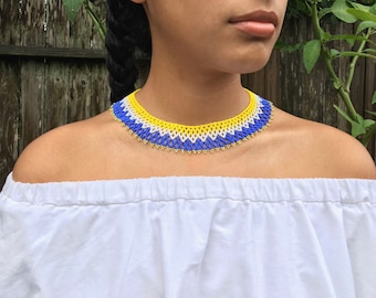 Yellow/White/Purple Beaded Collar Necklace