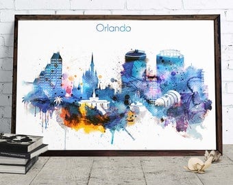Orlando Watercolor Decor, Downloadable Watercolor City Art, Orlando Cityscape, Home and Office poster, Skyline Digital Download
