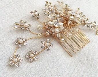 Gold Pearl Comb, Floral Bridal Comb, Wedding Hair Accessory, Crystal Hair Comb