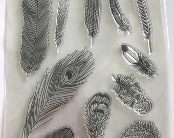 Silicon Stamps 'Feathers", Clear Stamp Set for Journal, Paper Stamp, Decoration