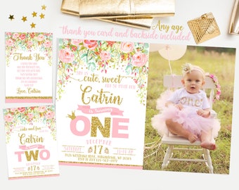 Pink and gold first birthday invitation, floral birthday invite, first birthday invitation girl, princess invite, watercolor flowers No. 001
