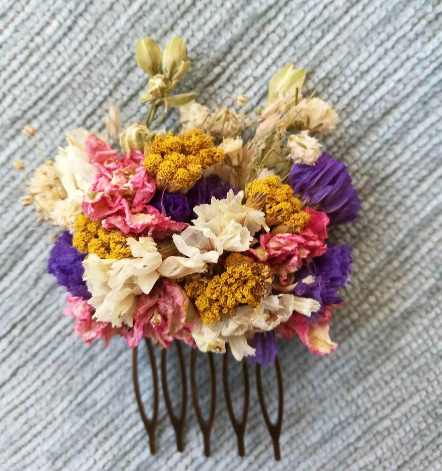 Vibrant colourful small dried flower hair slide/ comb.