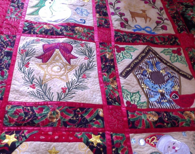 Red Christmas Embroidery Award Winning Quilt 71 in X 64 in 24 Embroidered 7 inch blocks Framed by Red and Green Borders and Red Ribbon Trim