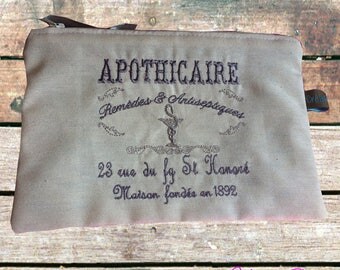 Kit / rectangular linen bag embroidered "Apothecary" in the old