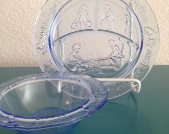 Vintage Mother Goose Nursery Rhyme divided child's plate and bowl