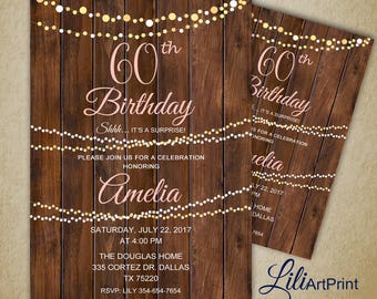 60th Birthday Invitation, Rustic Women Birthday Invitation, Any Age Birthday Invite, Surprise Invitation, Digital file, 8