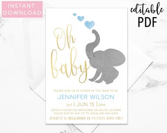 Elephant Baby Shower Invitation, Baby Shower Invitation, Boy Baby Shower, Baby Boy Shower, Printable Invitation, Invitation, Template