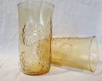 Vintage Anchor Hocking Drinking Tumbler Glasses Flower Dandelion Daisy Textured Yellow Amber Honey Gold set of 4