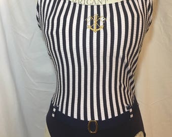 maillot one piece swimsuit 80s vintage retro women's nautical anchor blue and white stripes