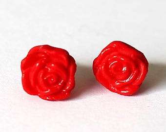 Earrings polymer clay red rose