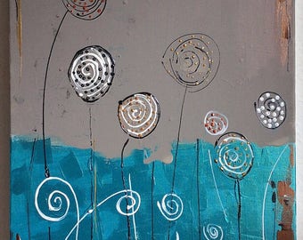 Abstract modern painting, abstract painting turquoise taupe, medium size