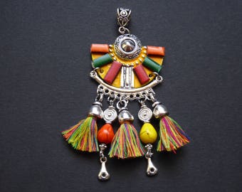 Charm leather Mexican cotton tassel and reconstituted turquoise beads