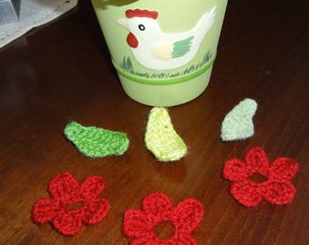 set of three flowers and three leaves crocheted with wool - new