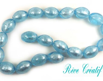 15pcs Perles Olives Perles Ovales 20mm x 15mm Perles en Verre Aquamarine et Feuille d'Argent