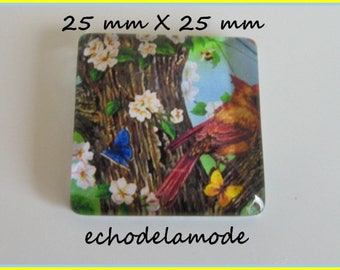 1 glass square 25 mm X 25 mm nature, tree, flowers, butterflies ref18