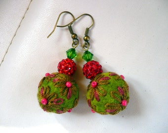 Earrings made of wool felt and embroidered green and red costume jewelry