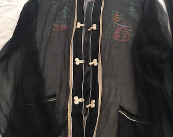 Silk Chiffon Sheer Black Vintage Chinese Top and Pant Set