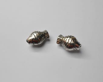Set of 2 antique silver fish beads