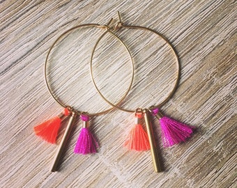 Hoop earrings 30mm with mini pom poms and bar charm