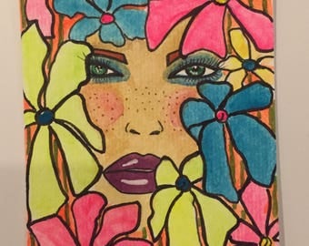 ACEO. Hand painted. Flowers, face,bright colors